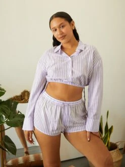Coastal Stripe Woven Voile Sleep Crop Shirt With Drawstring